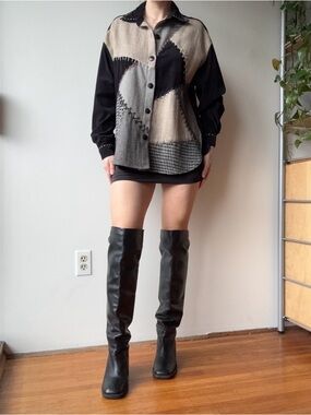 Vintage black + cream patchwork wool blend long sleeve button down shirt